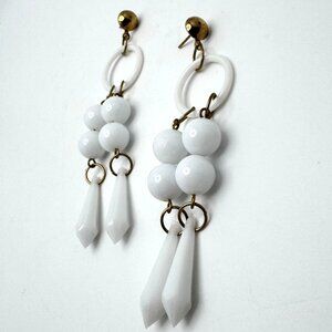 White Dangle Earrings Vtg Plastic Bead Drops Gold-Tone Accents Lightweight Long